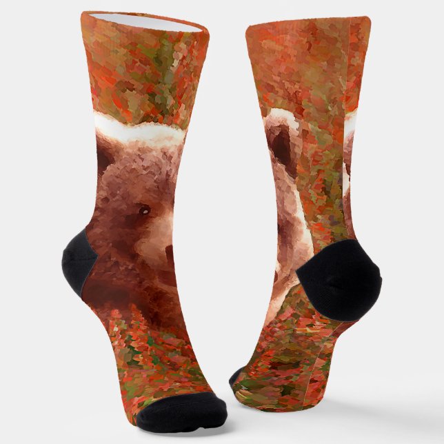 Grizzly Bear Cub in Fireweed Painting Wildlife Art Socks (Angled)