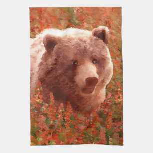 Grizzly Bear Cub in Fireweed Painting Wildlife Art Tea Towel