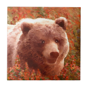 Grizzly Bear Cub in Fireweed Painting Wildlife Art Tile