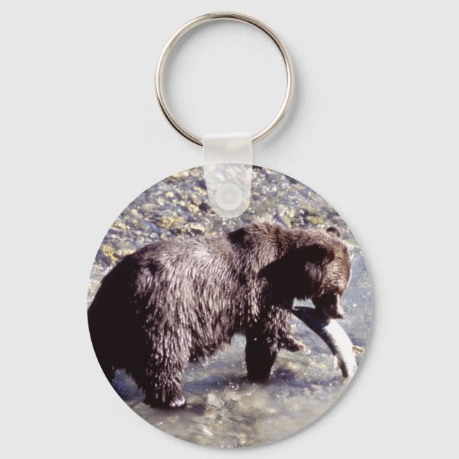 Grizzly Bear Eating a Salmon Key Ring (Front)