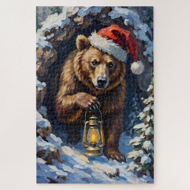 Grizzly Bear Emerging from Christmas Slumber Hat Jigsaw Puzzle (Vertical)