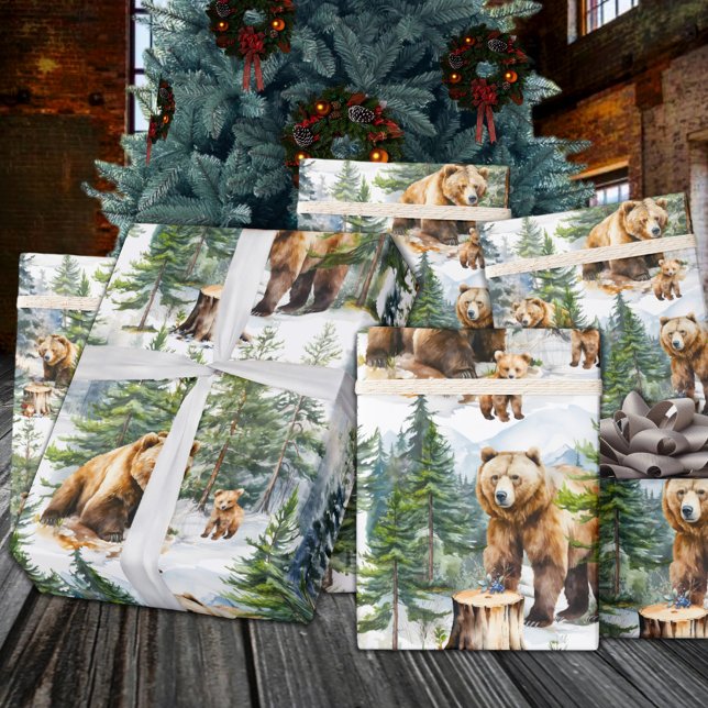 Grizzly Bear Family Roam A Winter Woodland Forest Wrapping Paper (Grizzly Bear Family Roam A Winter Woodland Forest Wrapping Paper)