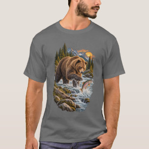 Grizzly Bear Fishing for Salmon Mountain River T-Shirt