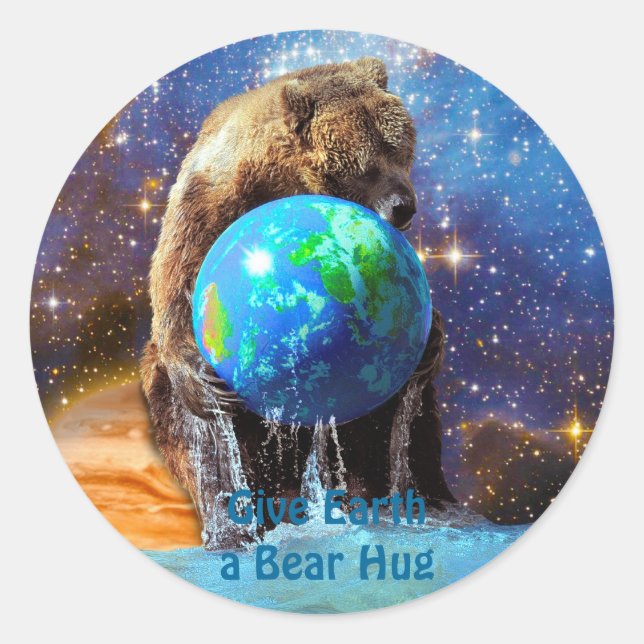 Grizzly Bear Hugging Planet Earth Day Classic Round Sticker (Front)