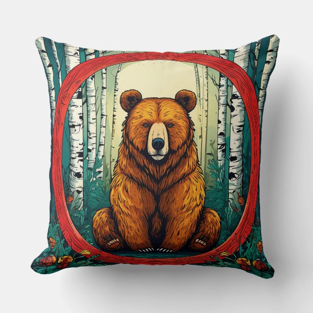 Grizzly Bear in a Birch Forest Cushion (Front)