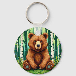 Grizzly Bear in a Birch Forest Key Ring