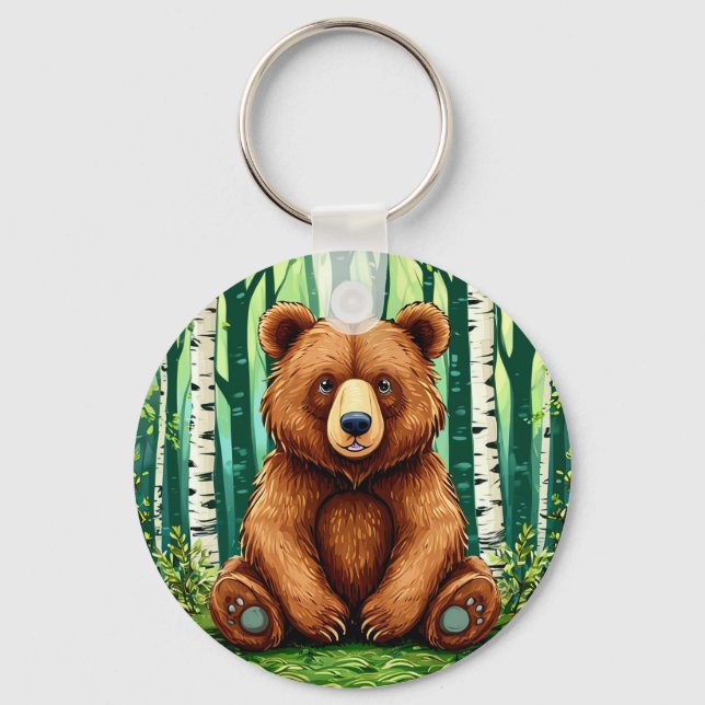 Grizzly Bear in a Birch Forest Key Ring (Front)