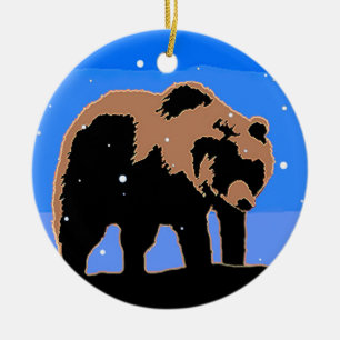 Grizzly Bear in Winter  - Original Wildlife Art Ceramic Tree Decoration