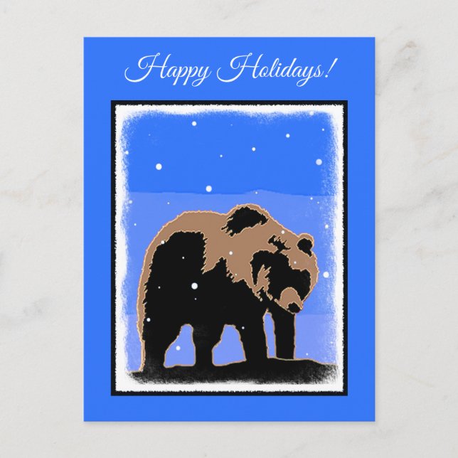 Grizzly Bear in Winter  - Original Wildlife Art Holiday Postcard (Front)