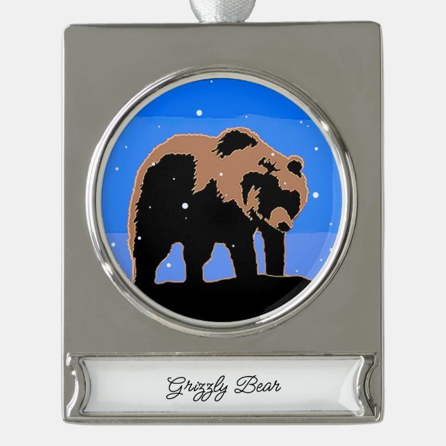 Grizzly Bear in Winter  - Original Wildlife Art Silver Plated Banner Ornament (Front)