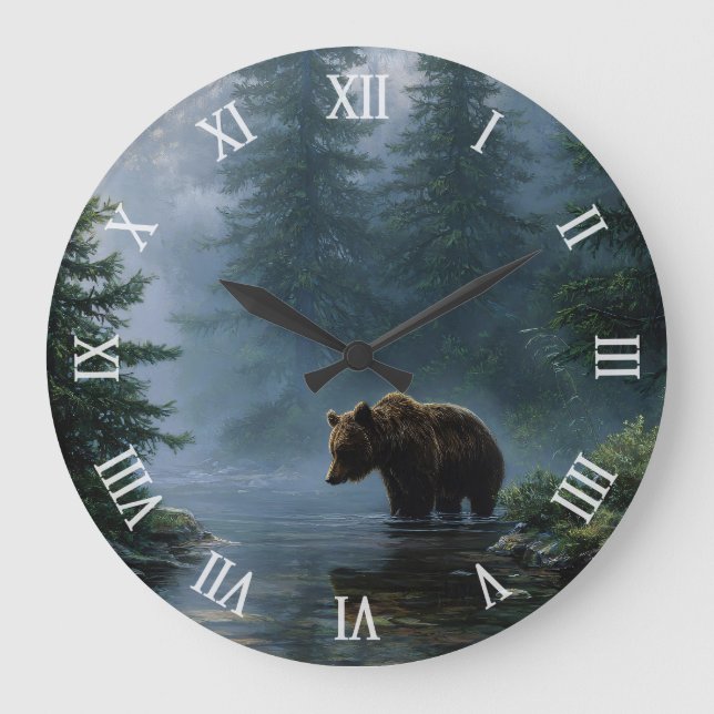 Grizzly Bear Misty Forest Large Clock (Front)