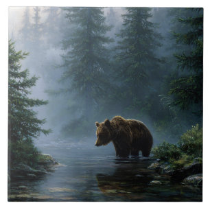 Grizzly Bear Misty Forest Tile