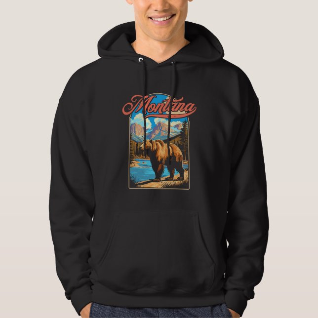 Grizzly Bear & Montana Mountains Vintage 70s Vibe  Hoodie (Front)