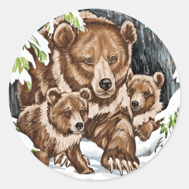 Grizzly Bear Mother and Cubs in Winter Classic Round Sticker (Front)