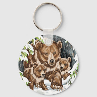 Grizzly Bear Mother and Cubs in Winter Key Ring