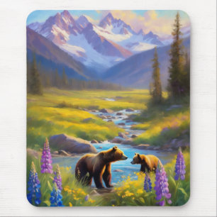 Grizzly Bear Mountain Meadow Wildflowers Painting Mouse Pad