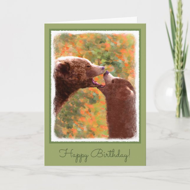 Grizzly Bear Mum and Cub Painting - Wildlife Art Card (Front)