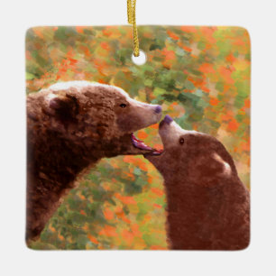 Grizzly Bear Mum and Cub Painting - Wildlife Art Ceramic Ornament