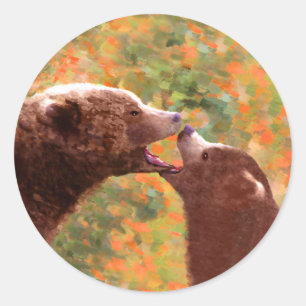 Grizzly Bear Mum and Cub Painting - Wildlife Art Classic Round Sticker