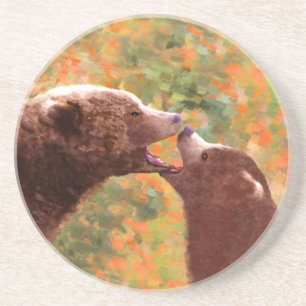 Grizzly Bear Mum and Cub Painting - Wildlife Art Coaster