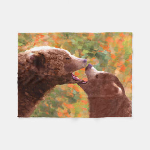 Grizzly Bear Mum and Cub Painting - Wildlife Art Fleece Blanket