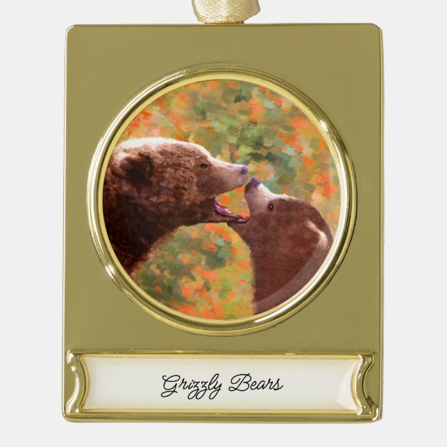 Grizzly Bear Mum and Cub Painting Wildlife Art Gold Plated Banner Ornament (Front)