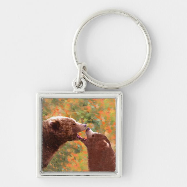 Grizzly Bear Mum and Cub Painting - Wildlife Art Key Ring (Front)