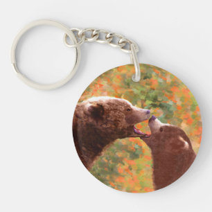 Grizzly Bear Mum and Cub Painting - Wildlife Art Key Ring