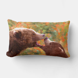 Grizzly Bear Mum and Cub Painting - Wildlife Art Lumbar Cushion