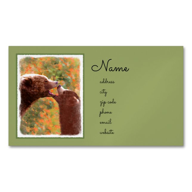 Grizzly Bear Mum and Cub Painting - Wildlife Art Magnetic Business Card (Front)