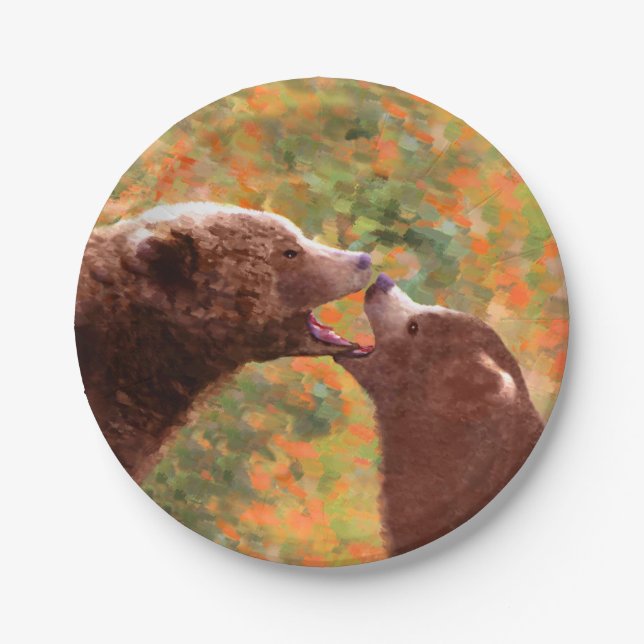 Grizzly Bear Mum and Cub Painting - Wildlife Art Paper Plate (Front)