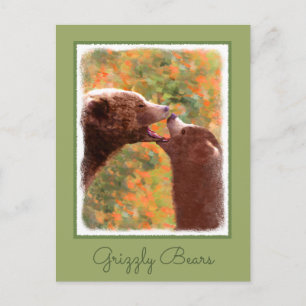 Grizzly Bear Mum and Cub Painting - Wildlife Art Postcard