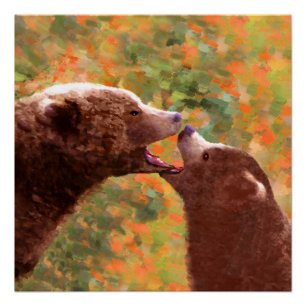 Grizzly Bear Mum and Cub Painting - Wildlife Art Poster