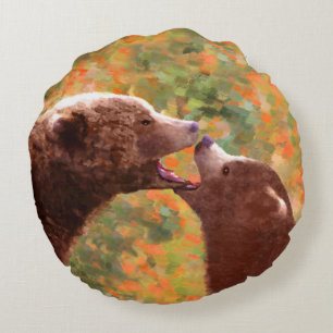 Grizzly Bear Mum and Cub Painting - Wildlife Art Round Cushion