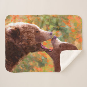 Grizzly Bear Mum and Cub Painting - Wildlife Art Sherpa Blanket