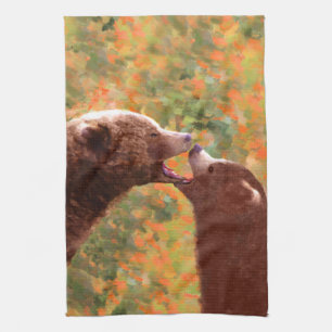 Grizzly Bear Mum and Cub Painting - Wildlife Art Tea Towel