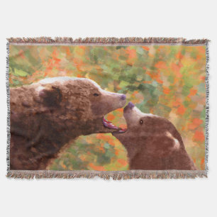 Grizzly Bear Mum and Cub Painting - Wildlife Art Throw Blanket