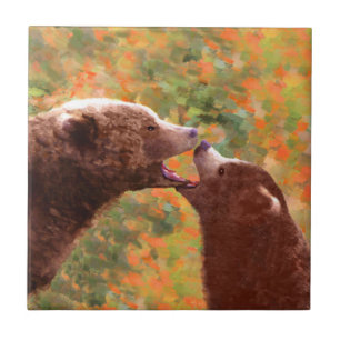 Grizzly Bear Mum and Cub Painting - Wildlife Art Tile