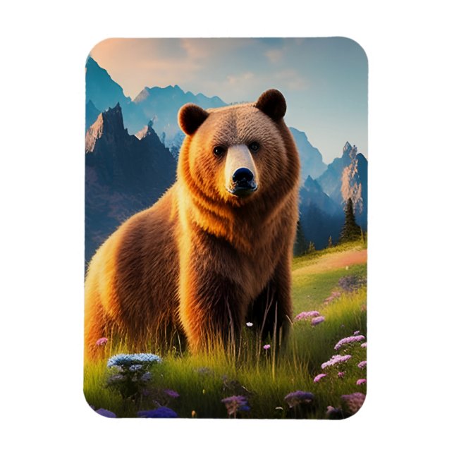 Grizzly Bear on Mountainside in flowers Magnet (Vertical)