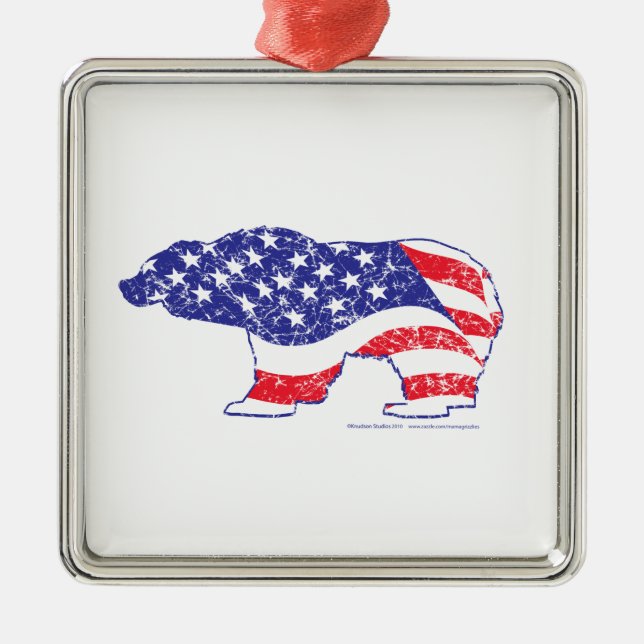 Grizzly Bear Patriotic Flag Metal Tree Decoration (Front)
