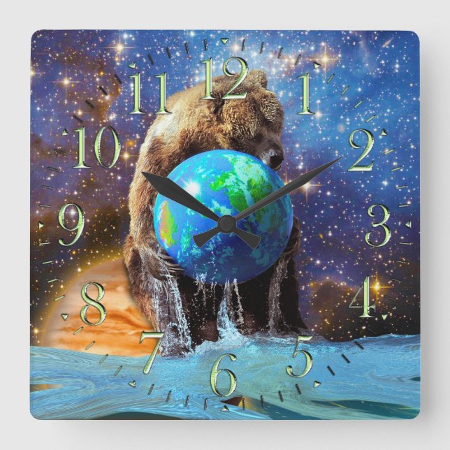 Grizzly Bear &  Planet Earth Fantasy Art Clock (Front)