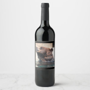Grizzly Bear Playing in the Water Wine Label