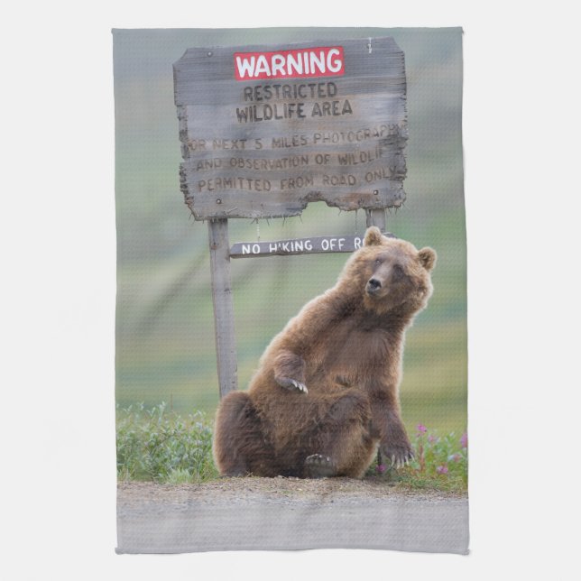 Grizzly Bear Plays With Sign Tea Towel (Vertical)