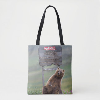Grizzly Bear Plays With Sign Tote Bag