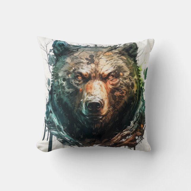 Grizzly Bear Portrait Animal Painting Wildlife Art Cushion (Front)