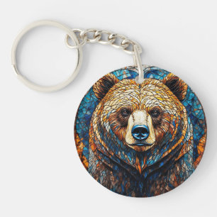 Grizzly Bear Portrait in a Stained Glass Art Key Ring