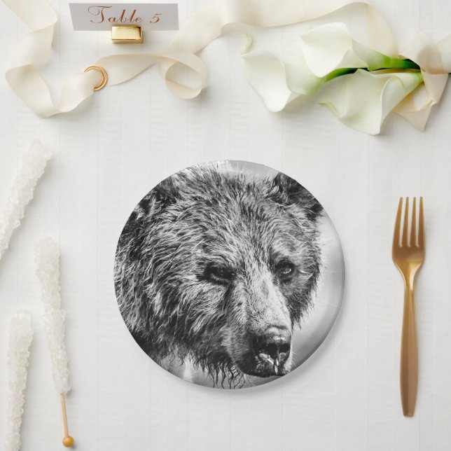 Grizzly bear portrait paper plate (Wedding)