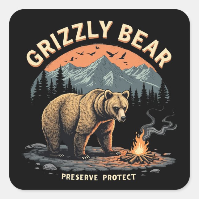Grizzly Bear Preserve and Protect Square Sticker (Front)