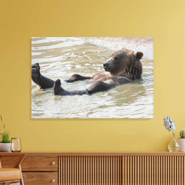 GRIZZLY BEAR RELAXING WRAPPED CANVAS PRINT (Insitu(LivingRoom))