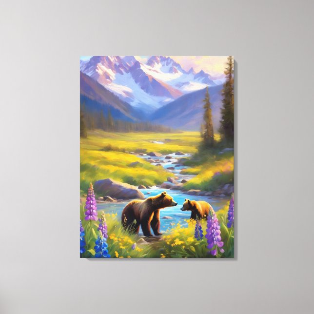 Grizzly Bear Rocky Mountain Spring Meadow Lupins Canvas Print (Front)